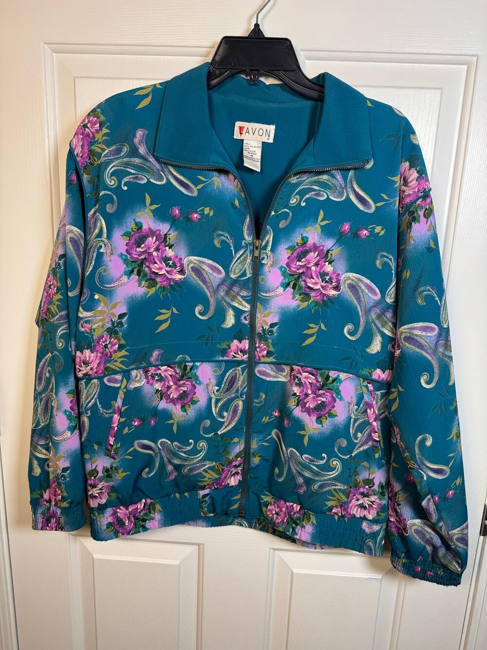 Lavon Vintage 80's Lined Track Jacket Windbreaker Teal Purple Floral M